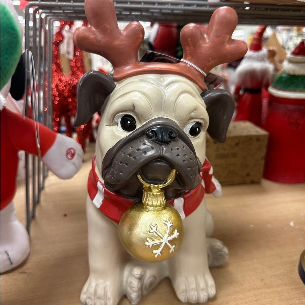 Festive Pug Figurine with Gold Ornament